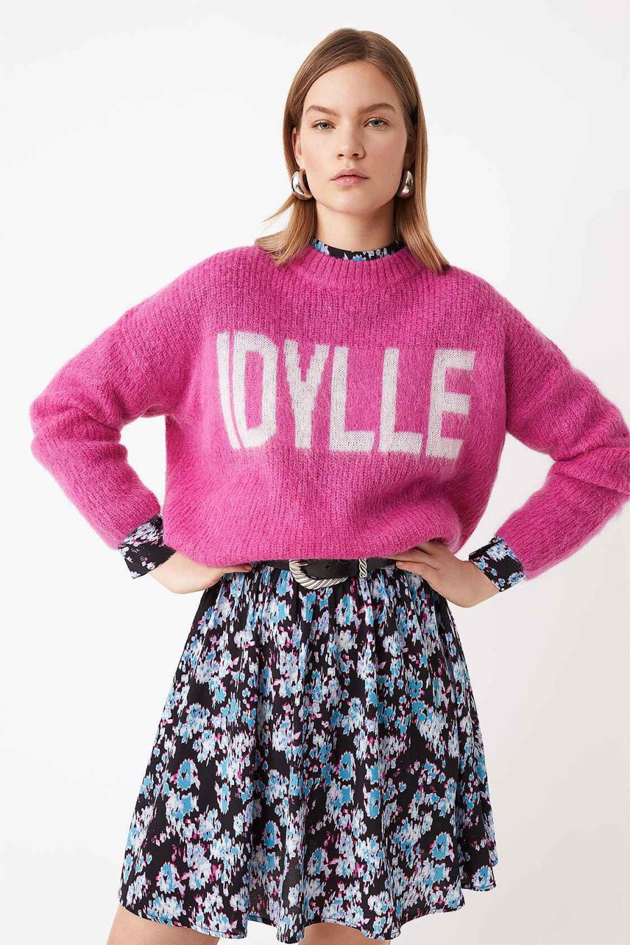 Vetements SUNCOO | Pull Passion Fantasy En Mohair Avec Message Idylle Fuschia