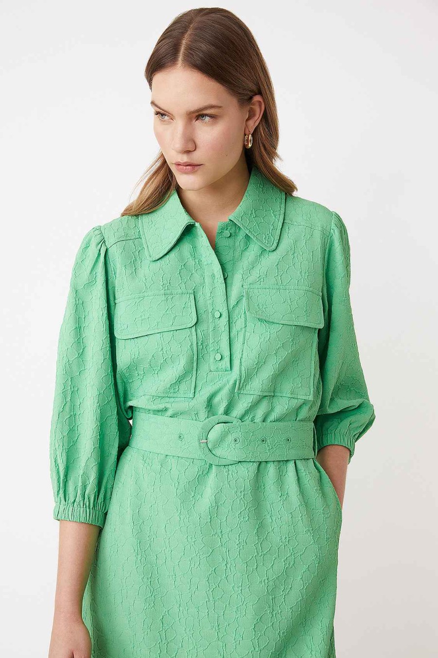 Vetements SUNCOO | Robe Courte Fantaisie A Ceinture Clodie Vert