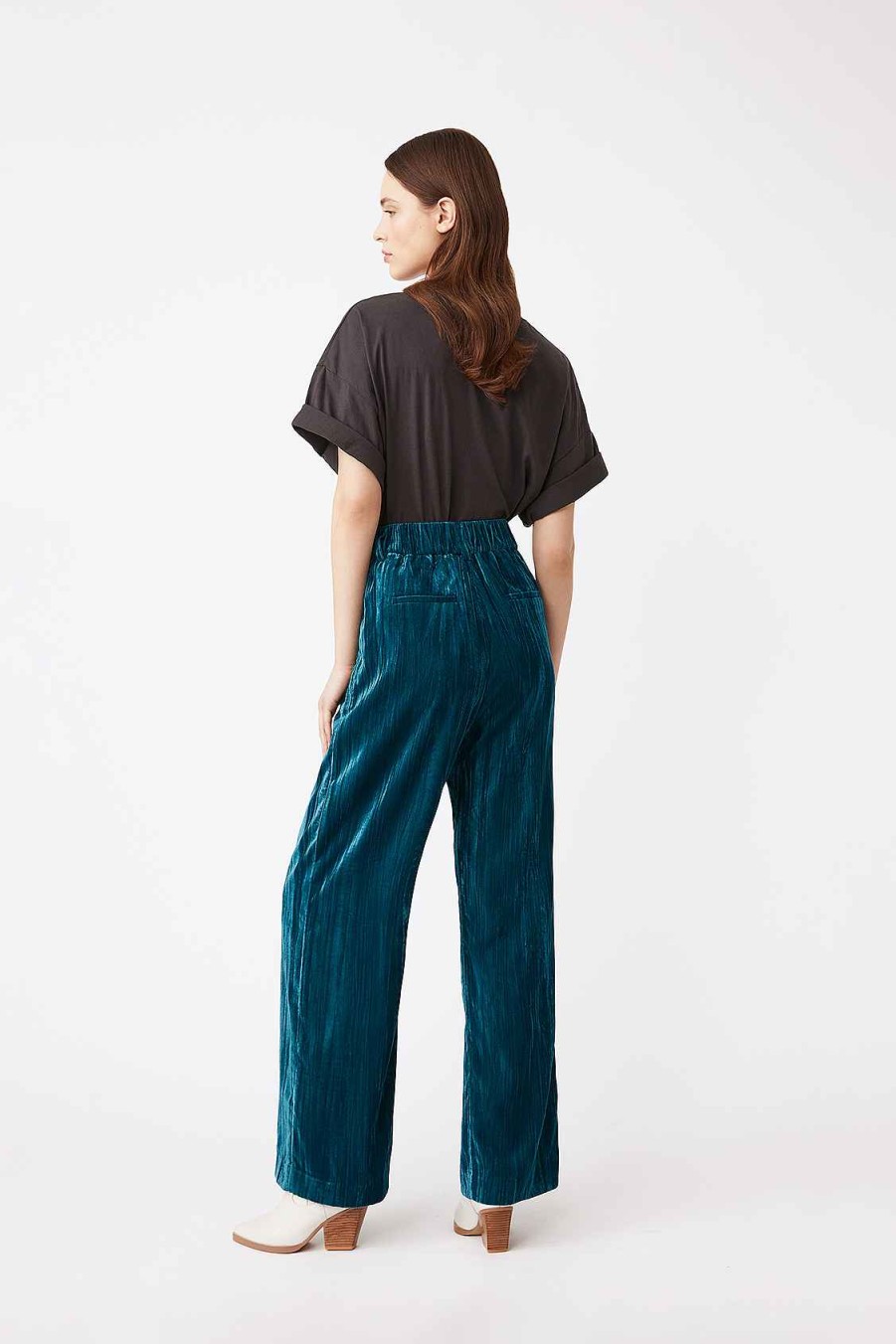 Vetements SUNCOO | Pantalon Large Jazz En Velours Lisse Bleu Pigeon