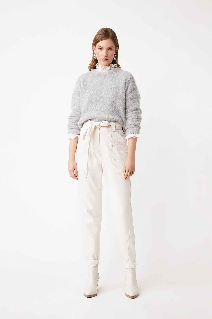 Vetements SUNCOO | Jean Taille Haute Avec Ceinture Remy Blanc Casse