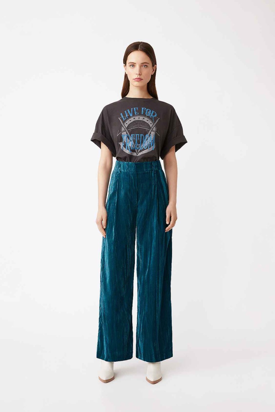 Vetements SUNCOO | Pantalon Large Jazz En Velours Lisse Bleu Pigeon