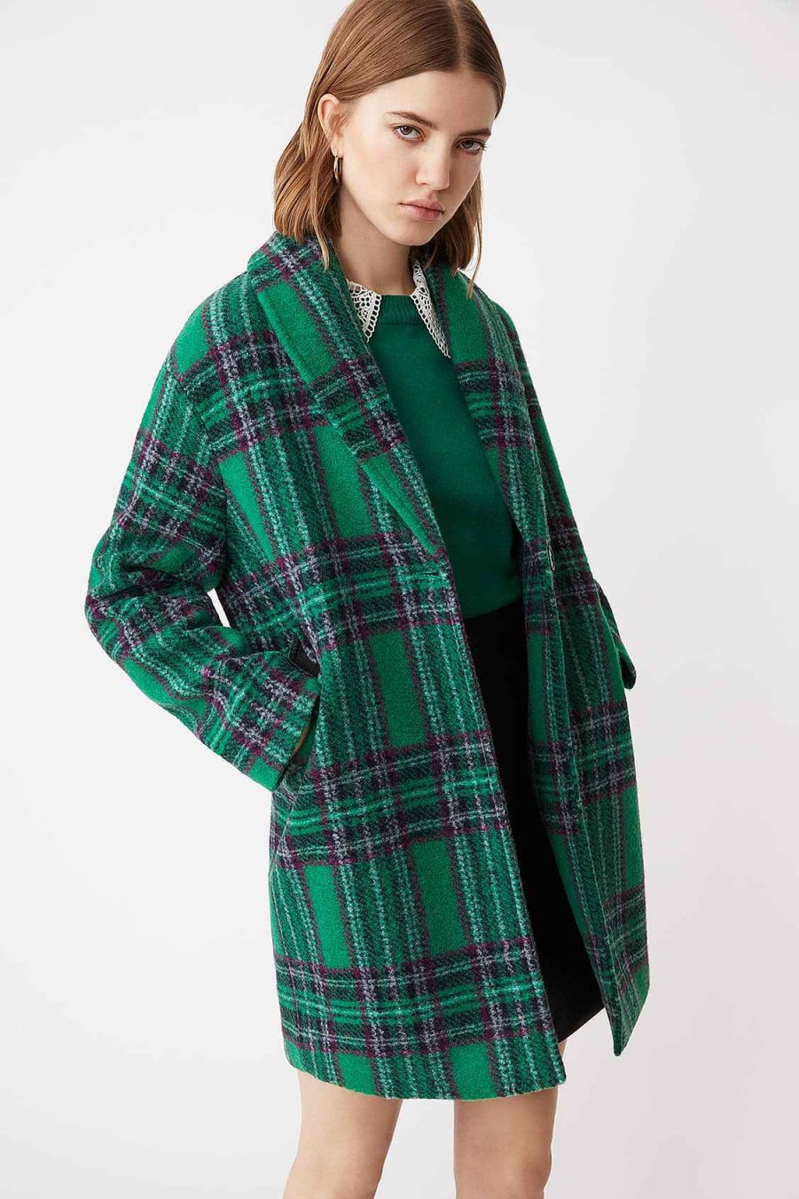 Vetements SUNCOO | Manteau Mi-Long En Laine A Carreaux Elliot Vert