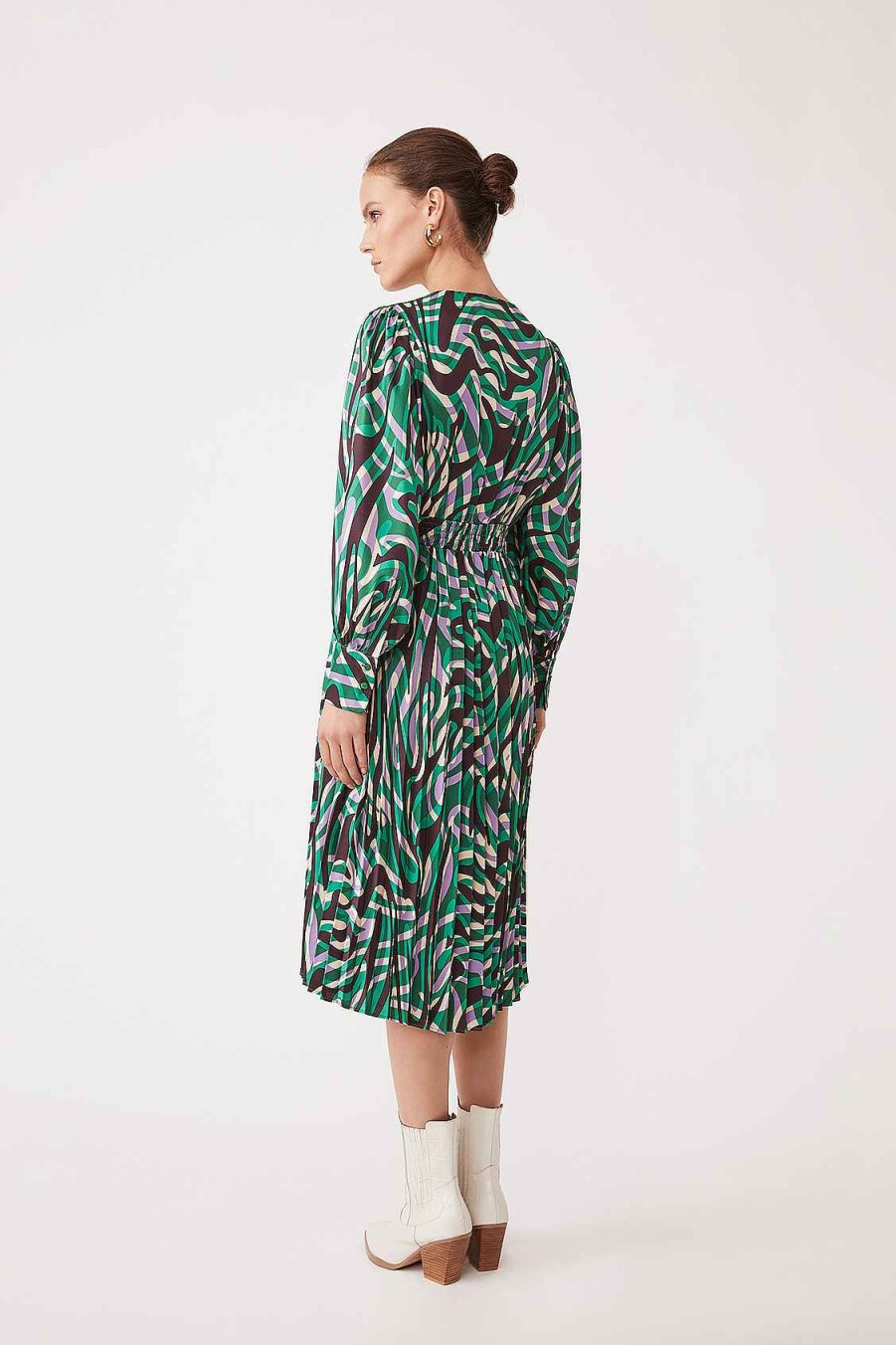 Vetements SUNCOO | Robe Mi-Longue Fluide A Imprime Artistique Celya Vert