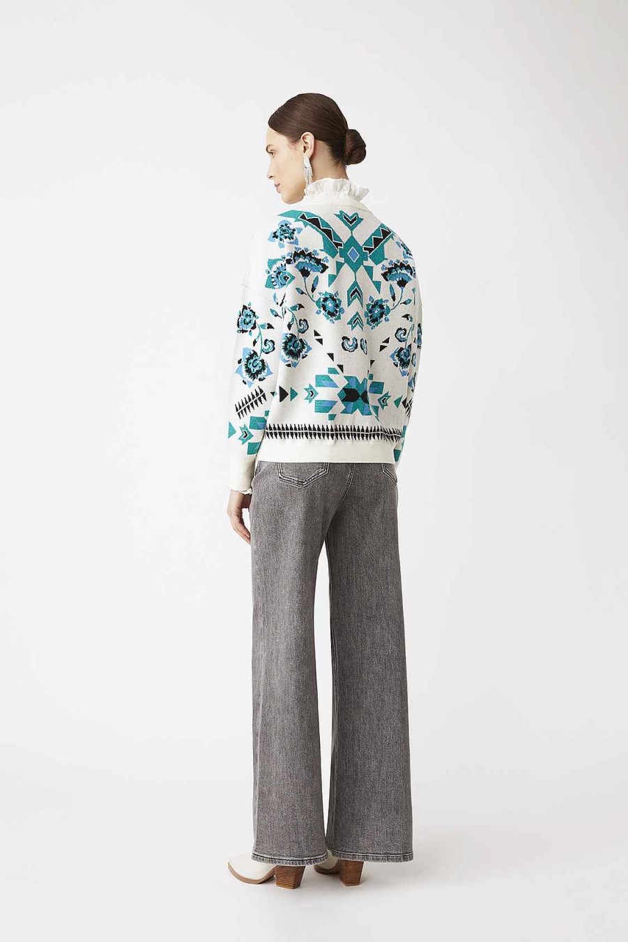 Vetements SUNCOO | Pull Fantaisie A Motifs Pandor Blanc Casse