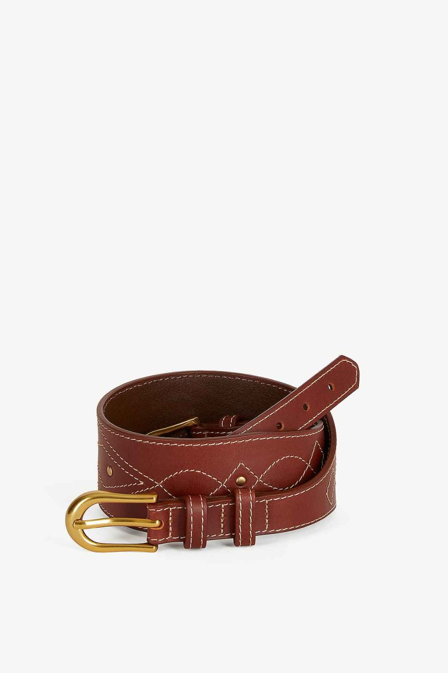 Accessoires SUNCOO | Ceinture Double Boucle Annie Camel Avec Surpiqures Chocolat