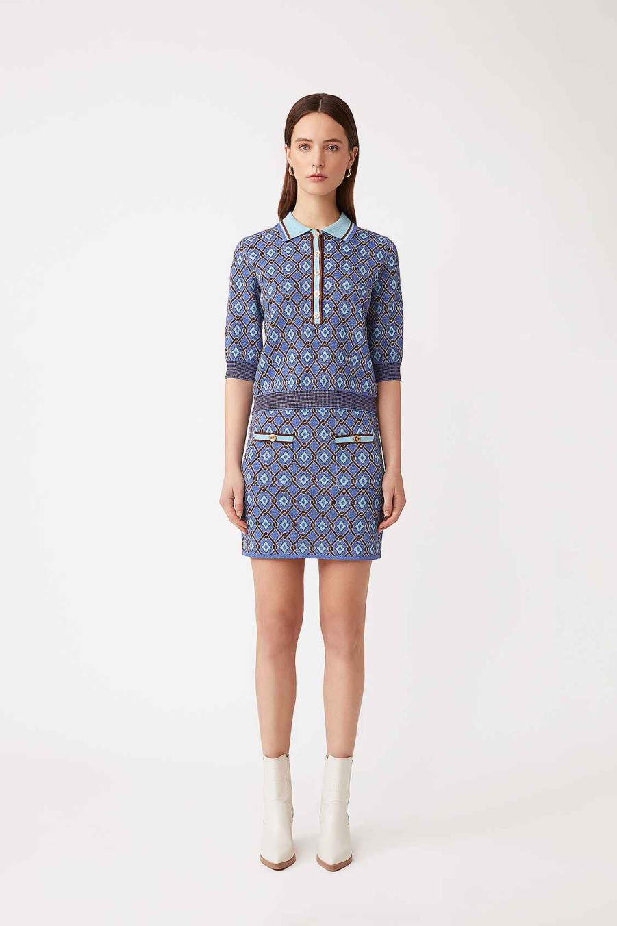 Vetements SUNCOO | Pull Court En Jacquard A Motif Palmares Bleu