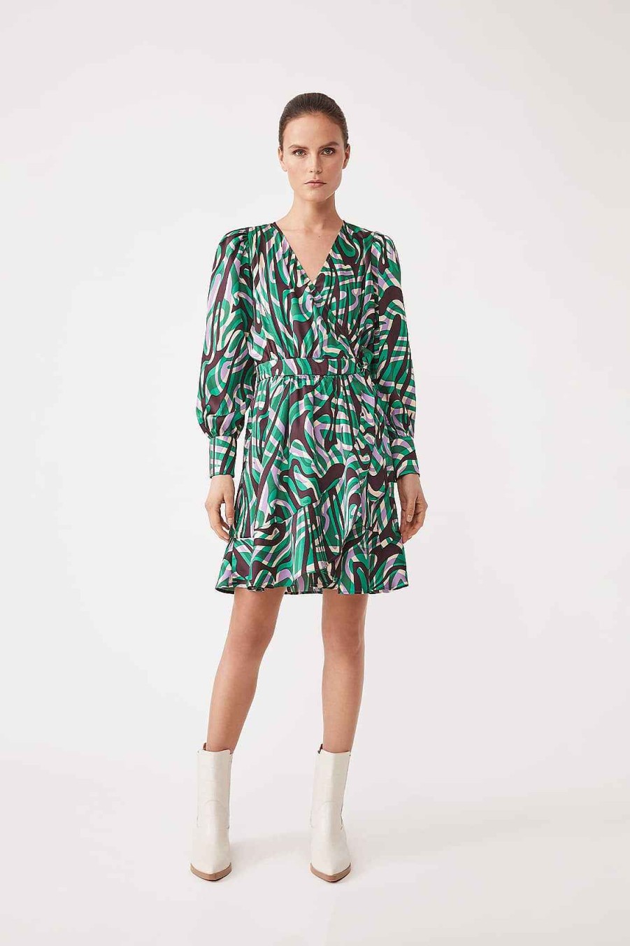 Vetements SUNCOO | Celly - Robe Portefeuille Courte A Imprime Arty Vert