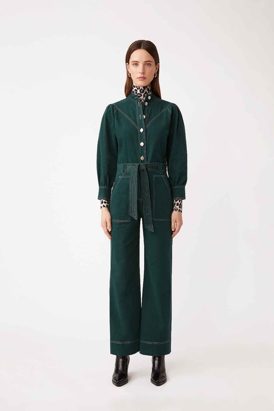 Vetements SUNCOO | Combipant Tory Avec Surpiqures Vert Sapin