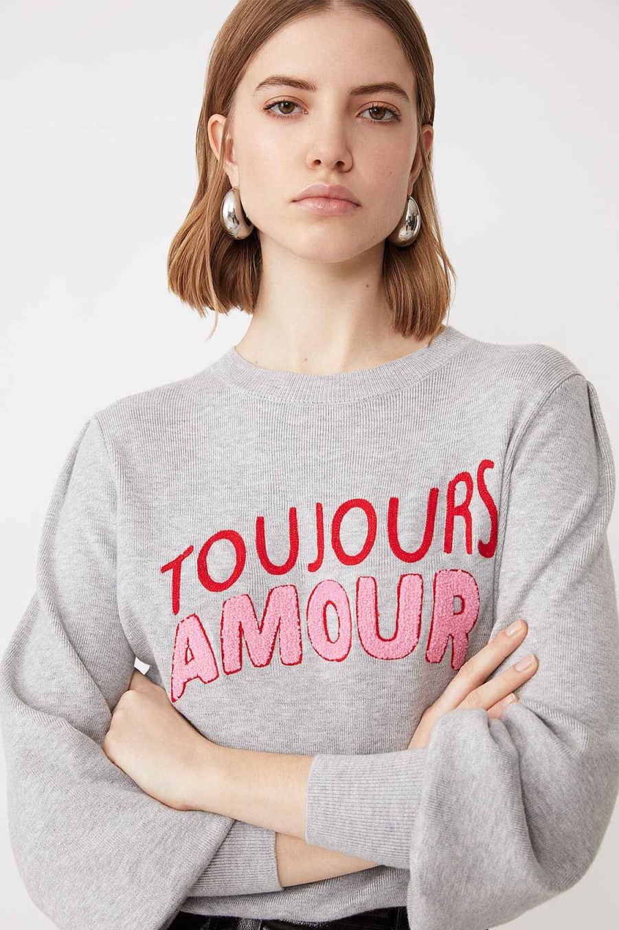 Vetements SUNCOO | Pull Fin Percy Fantasy Avec Message Toujours Amour Gris Chine