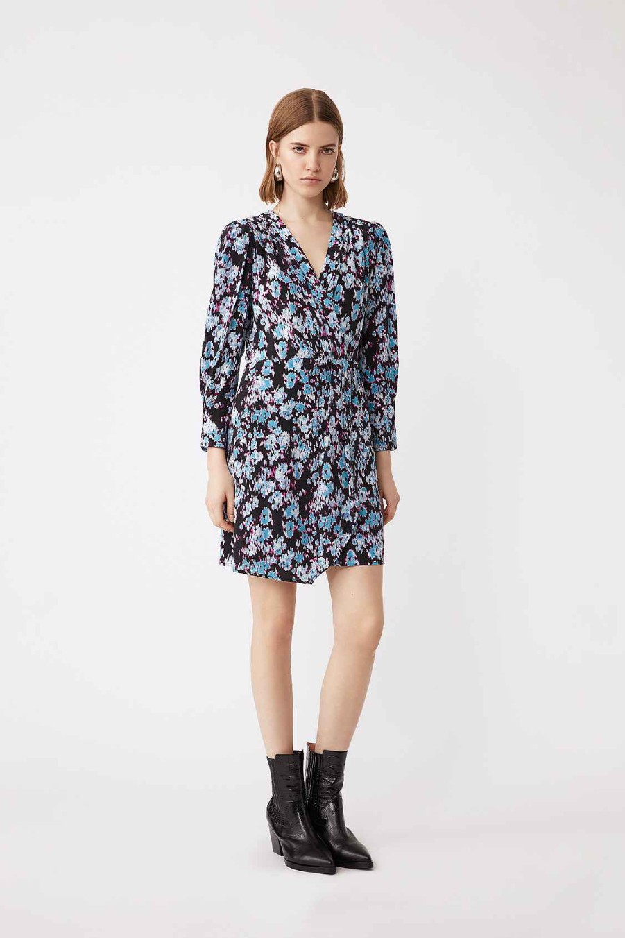 Vetements SUNCOO | Robe Portefeuille Courte A Imprime Floral Craft Bleu