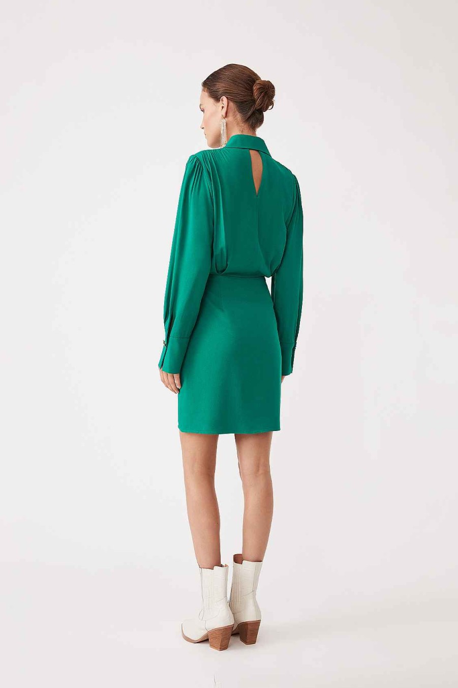 Vetements SUNCOO | Robe Portefeuille Mi-Longue Cristel Avec Details Volants Vert