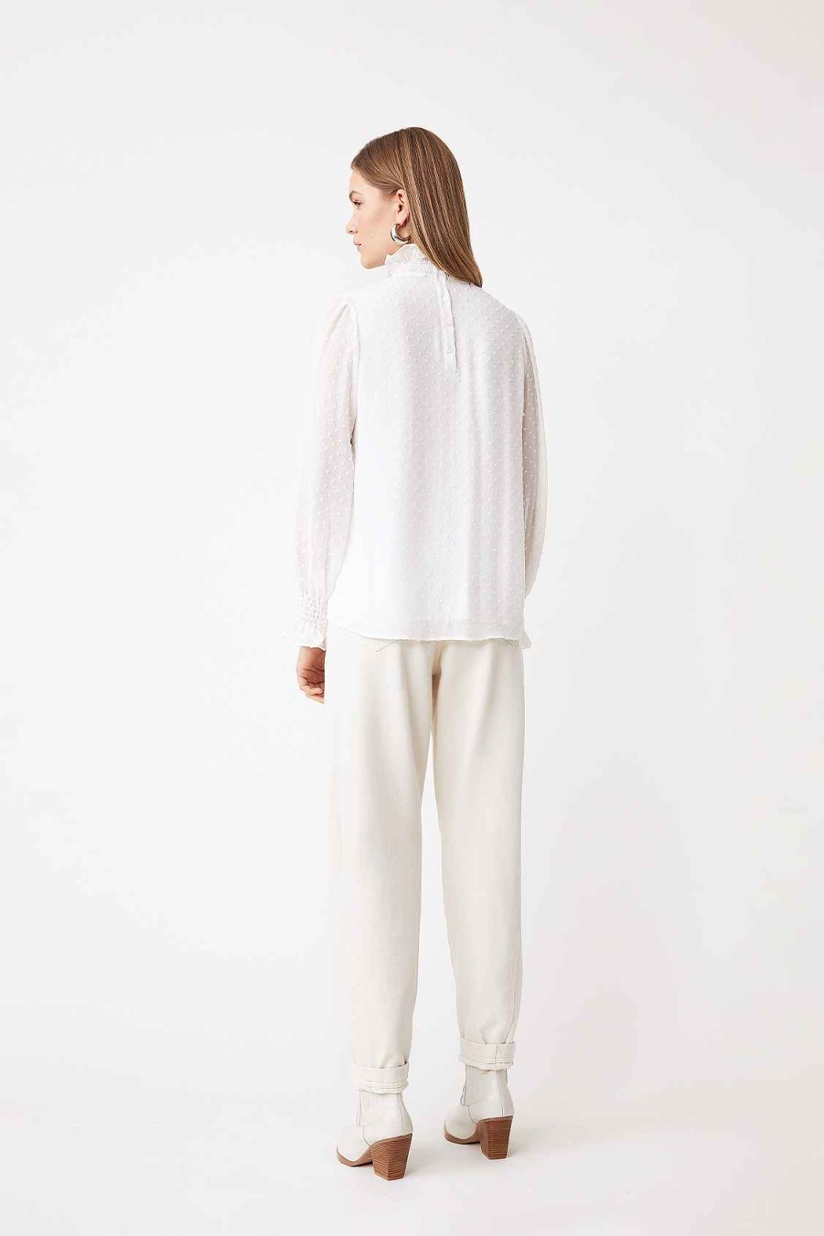 Vetements SUNCOO | Blouse En Dentelle Fluide Suisse A Pois Et Boutons Loana Blanc Casse