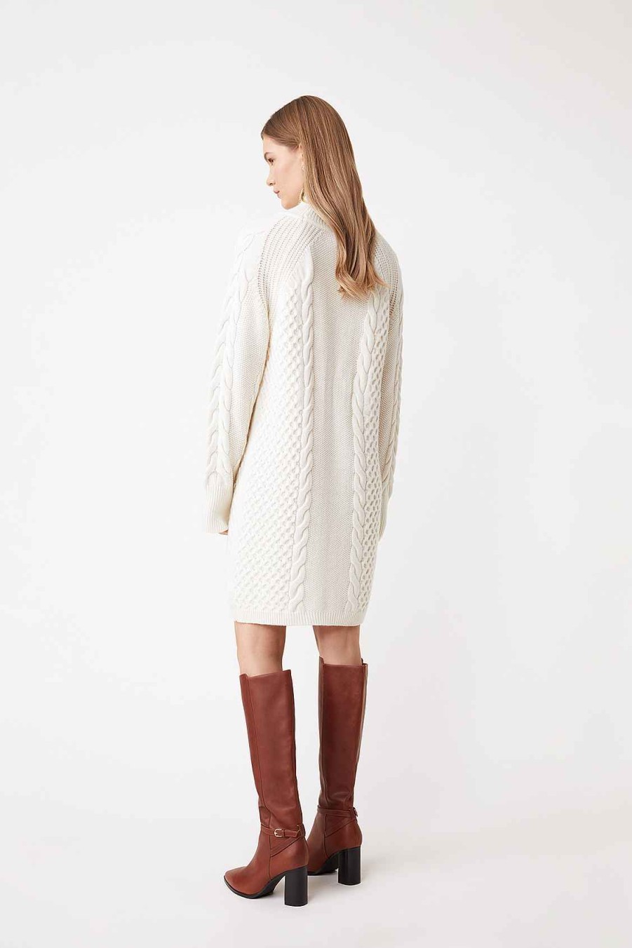 Vetements SUNCOO | Robe En Maille Chona Avec Col Montant Blanc Casse