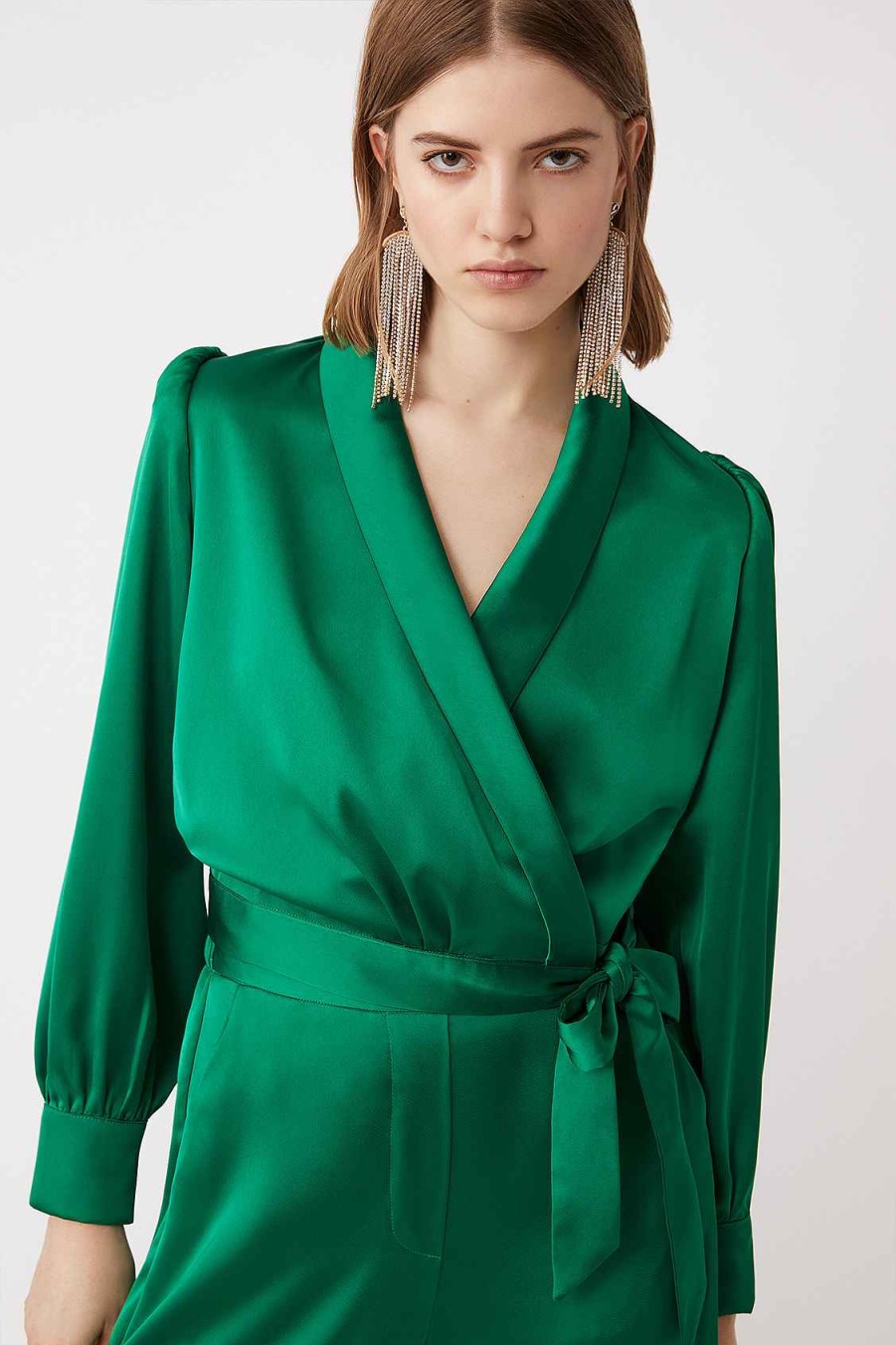 Vetements SUNCOO | Chemisier Portefeuille En Satin Luna Vert