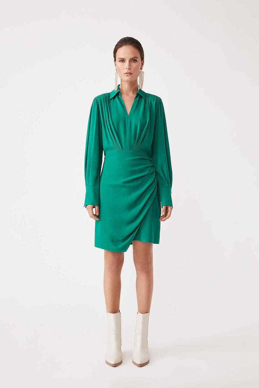 Vetements SUNCOO | Robe Portefeuille Mi-Longue Cristel Avec Details Volants Vert