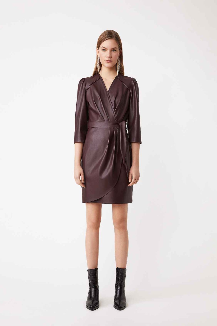 Vetements SUNCOO | Robe Portefeuille Courte En Similicuir Cerise Prune