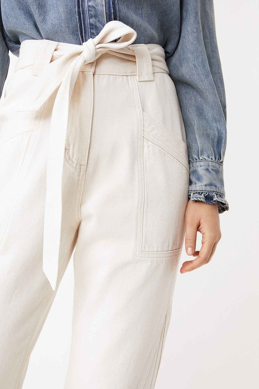 Vetements SUNCOO | Jean Taille Haute Avec Ceinture Remy Blanc Casse