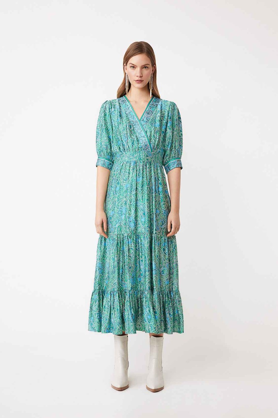 Vetements SUNCOO | Robe Longue En Satin Carly A Imprime Floral Vert